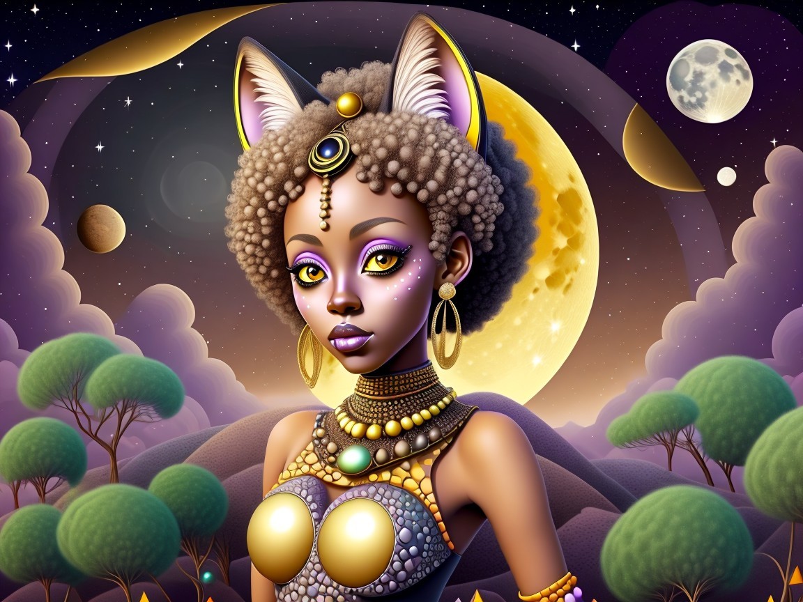 Mystical Feline Figure in Cosmic Landscape Setting