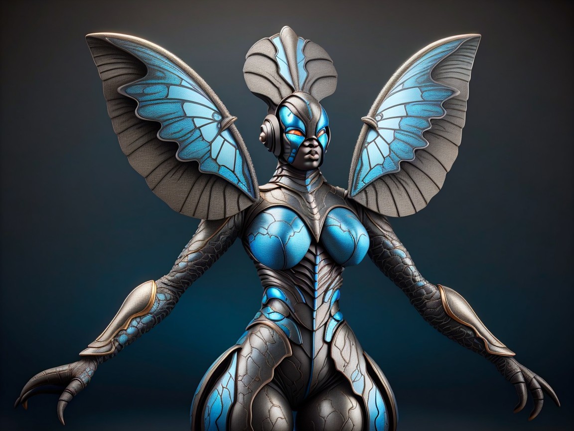 Humanoid figure with butterfly wings and metallic body