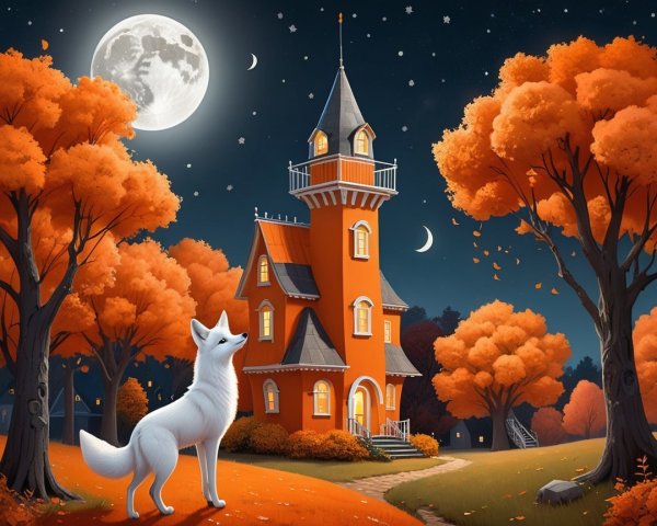 Whimsical Night Scene with Tower House and Fox