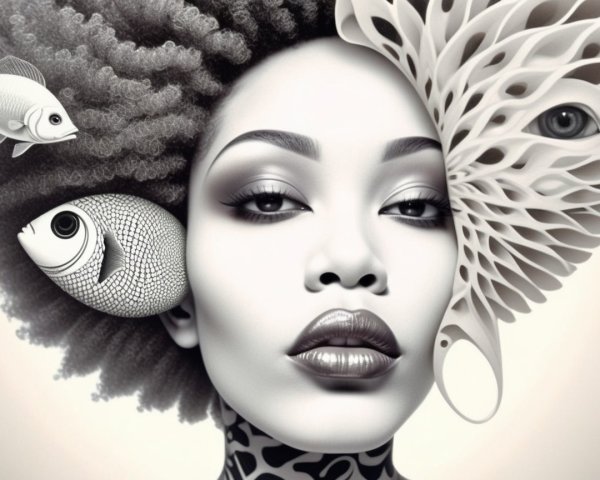 Monochromatic Portrait of Woman with Afro and Patterns