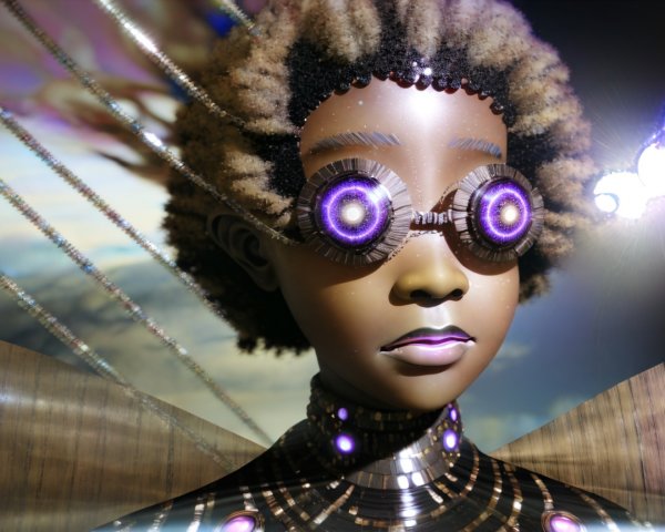 Futuristic humanoid figure with glowing goggles and curls