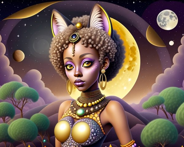 Mystical Feline Figure in Cosmic Landscape Setting
