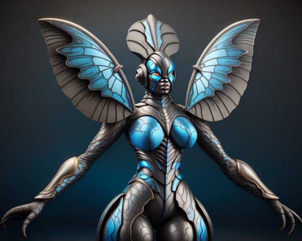 Humanoid figure with butterfly wings and metallic body