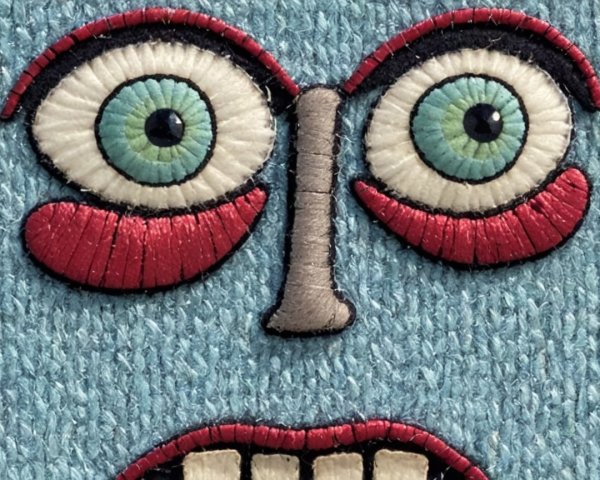 Vibrant Whimsical Face with Teal Eyes and Blue Background