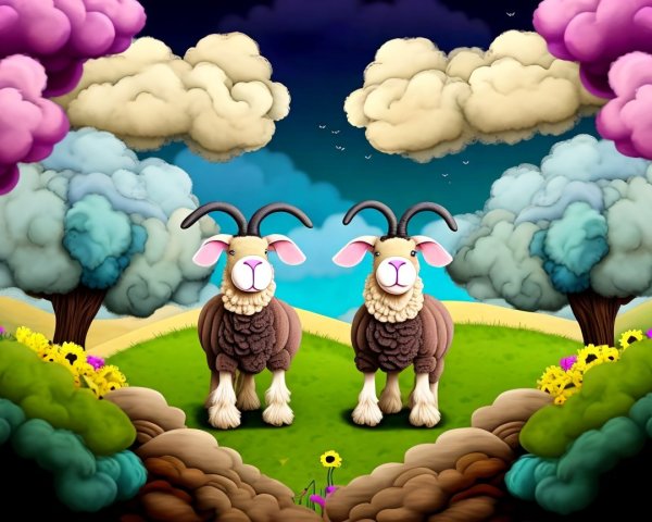 Cartoon Rams in a Colorful Whimsical Landscape
