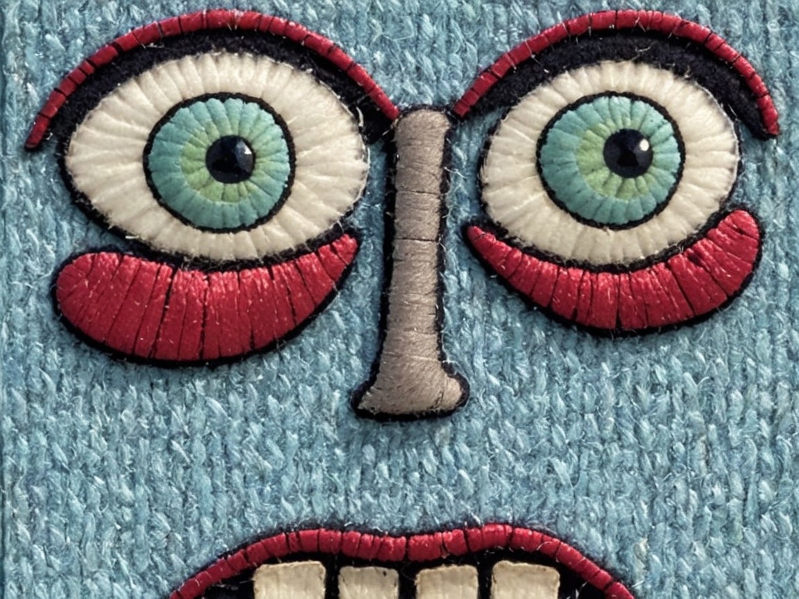 Vibrant Whimsical Face with Teal Eyes and Blue Background