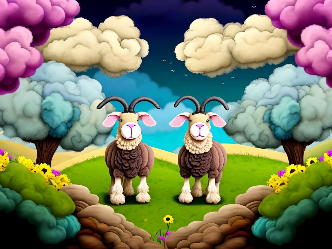 Cartoon Rams in a Colorful Whimsical Landscape