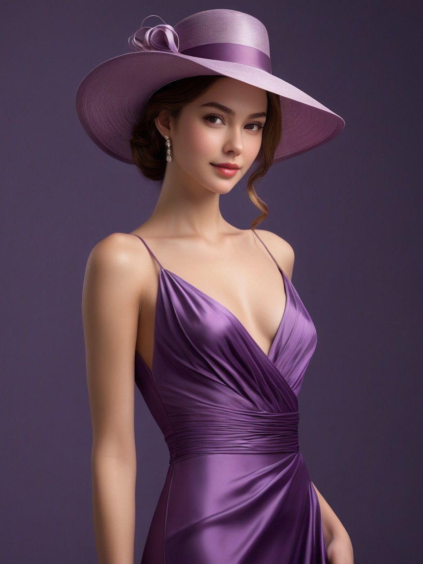 Elegant Woman in Deep Purple Dress with Hat