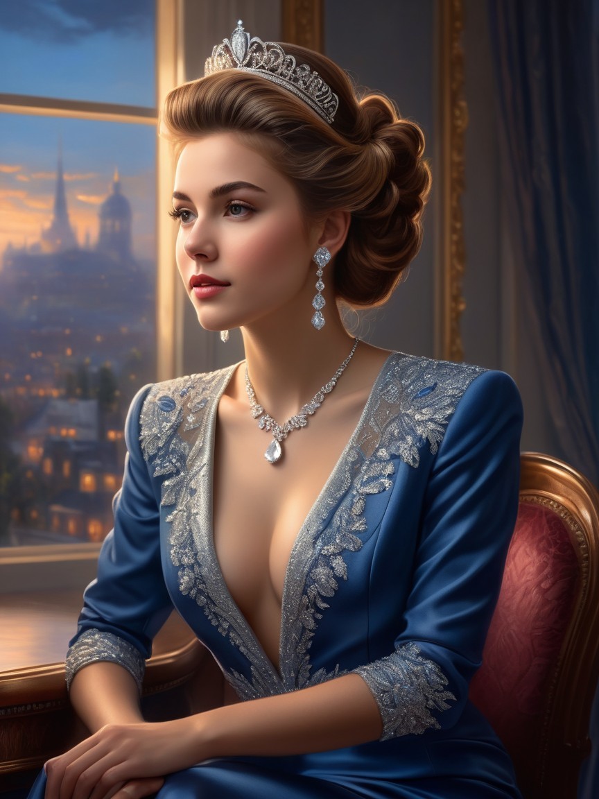 Regal Young Woman in Elegant Blue Gown and Tiara