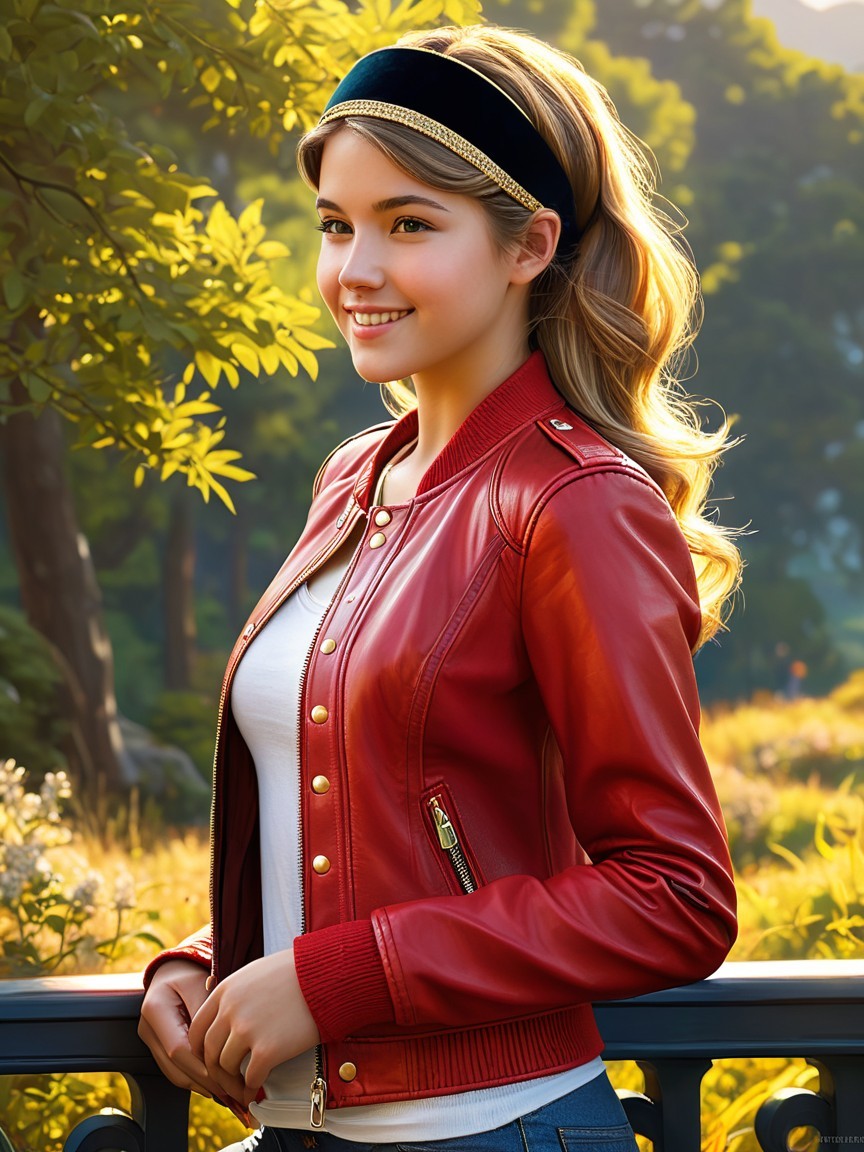 Young woman in red bomber jacket outdoors with greenery