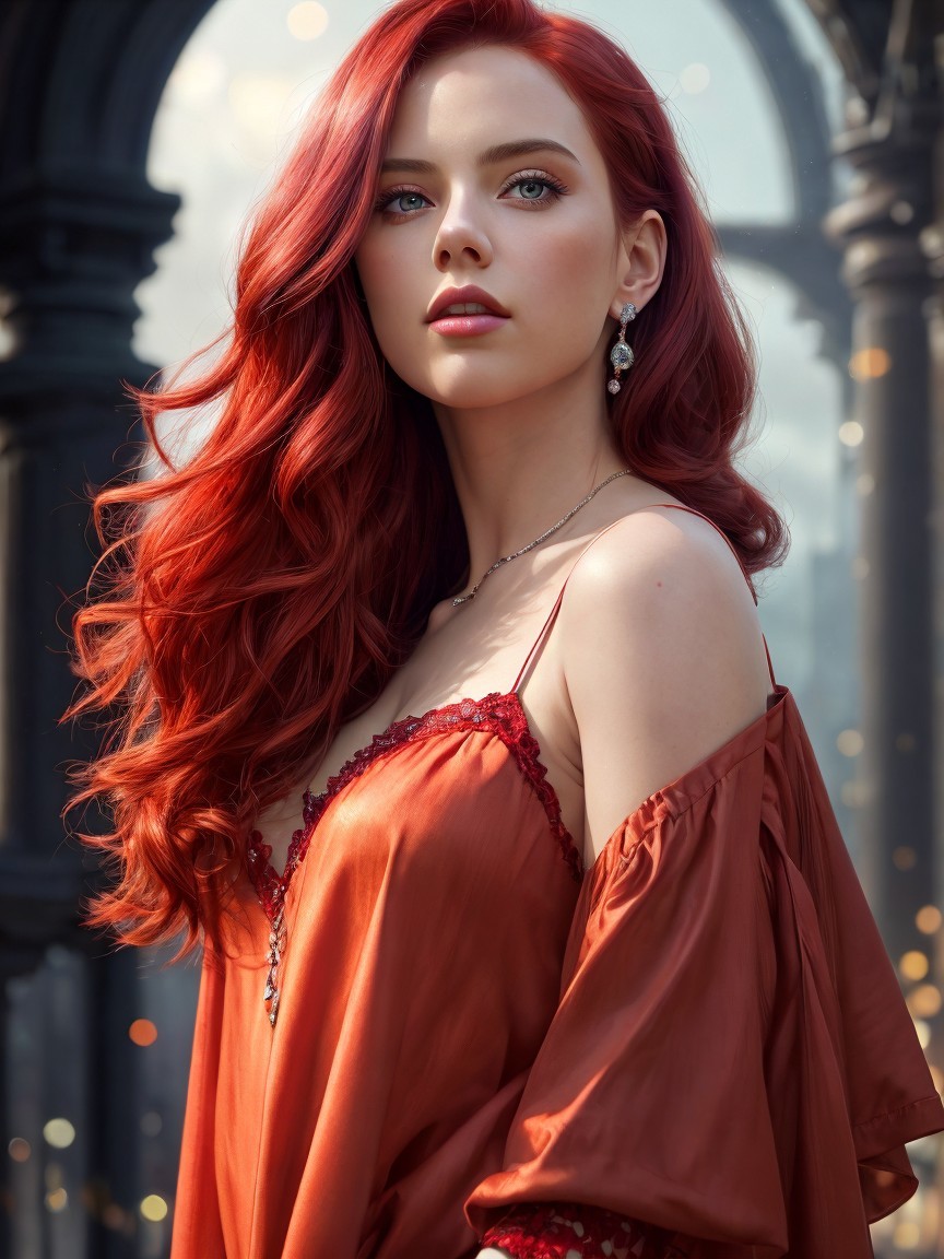 Elegant Woman in Deep Orange Dress with Red Hair