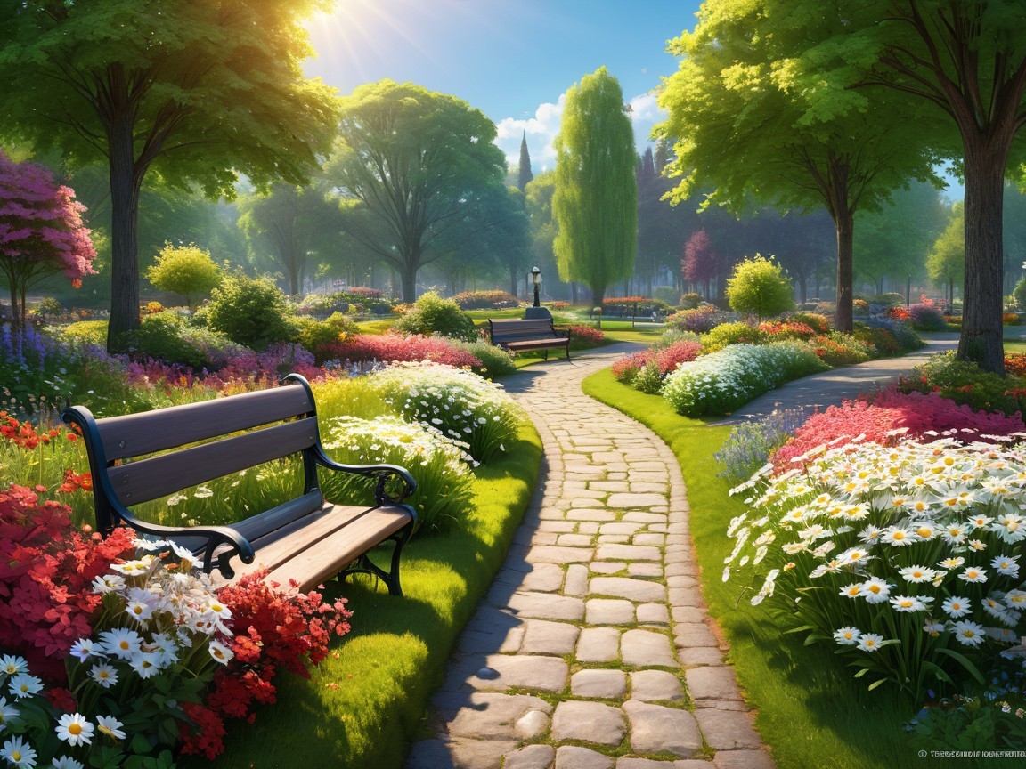Picturesque Park Scene with Vibrant Flower Beds