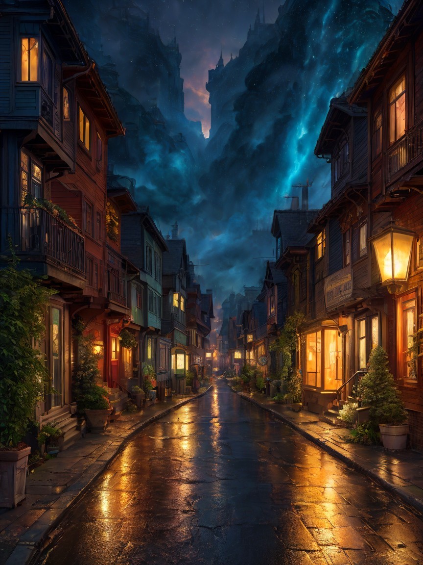 Enchanting Street with Colorful Houses and Mountains