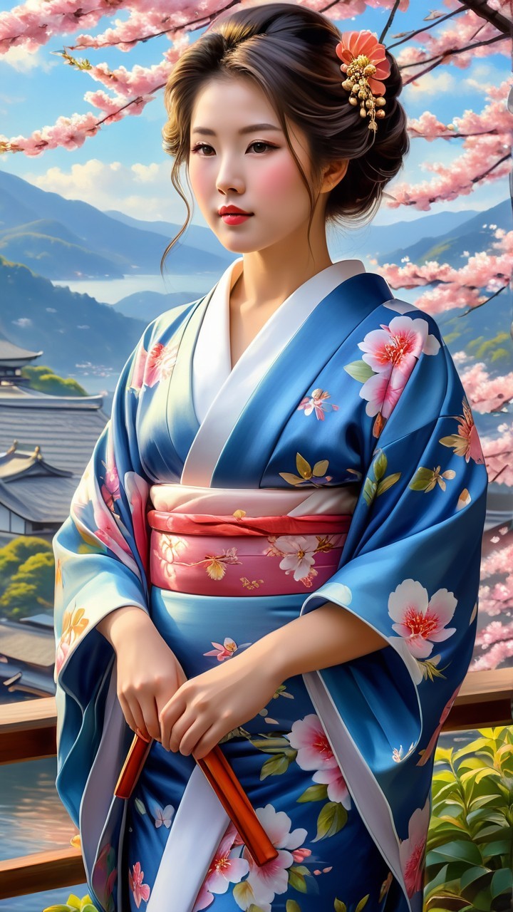 Young Woman in Blue Kimono Among Cherry Blossoms