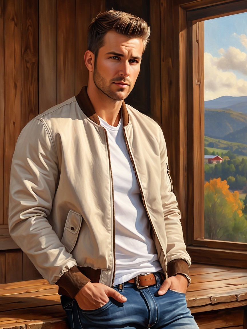 Young Man in Beige Bomber Jacket by Rustic Window