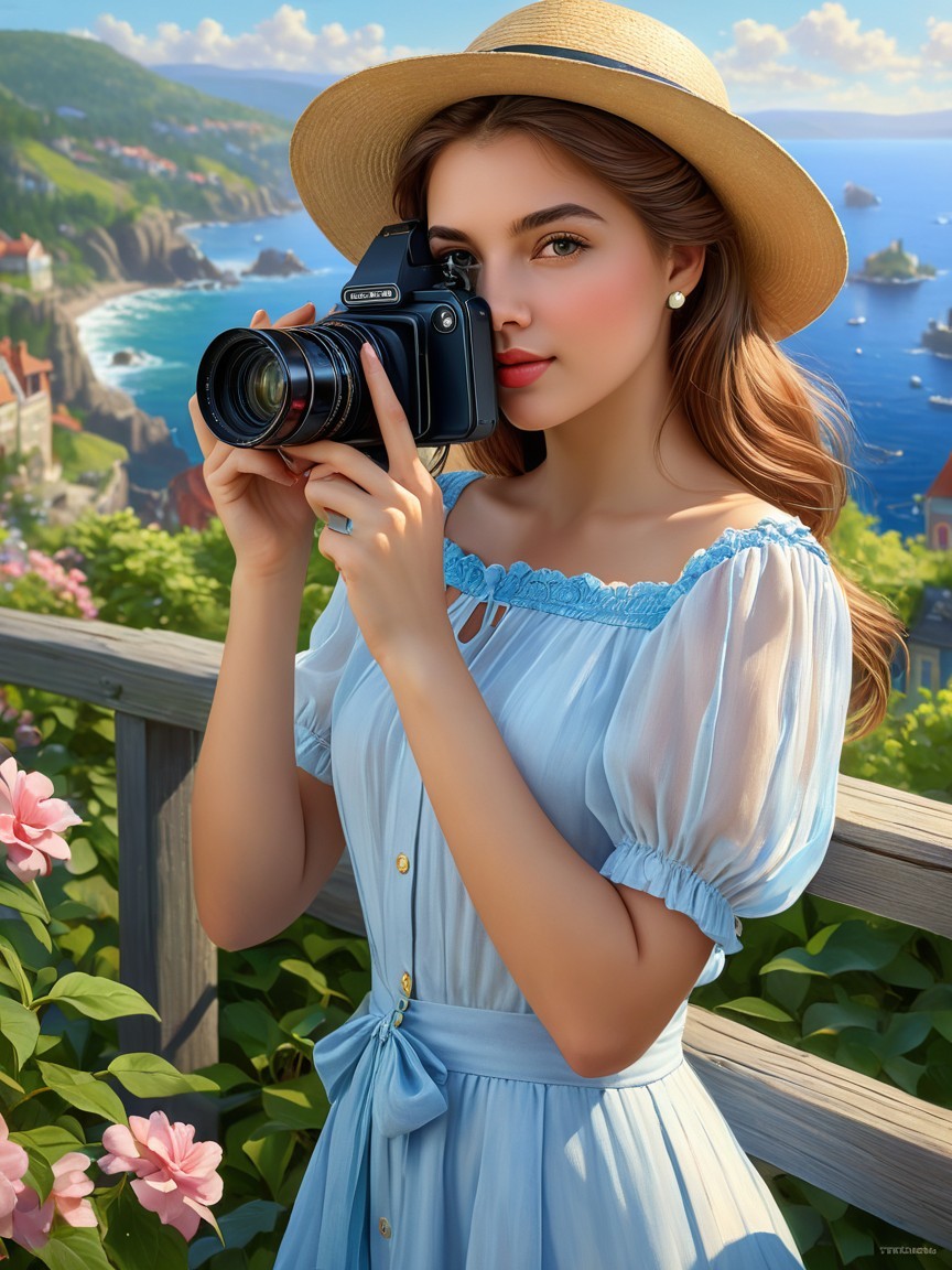 Young woman with camera in coastal scenery setting
