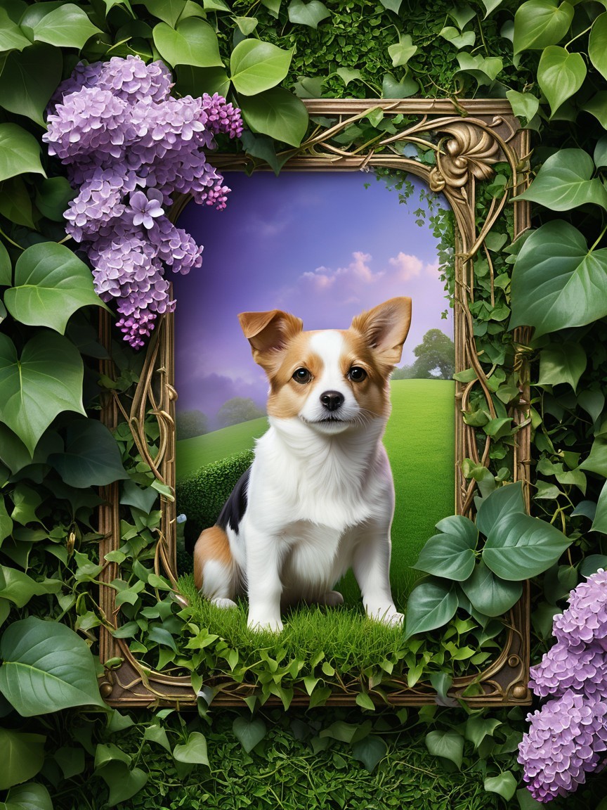 Charming Dog in Ornate Leafy Border with Landscape