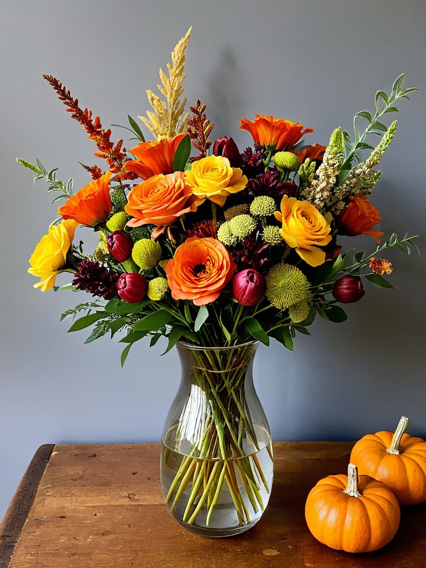 Vibrant Bouquet of Orange and Yellow Flowers in Vase