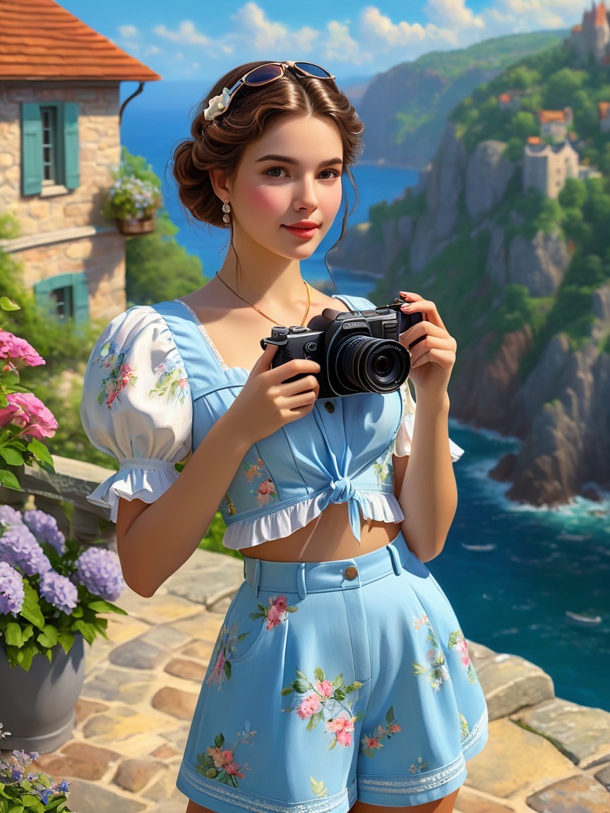 Young woman in floral outfit at coastal location