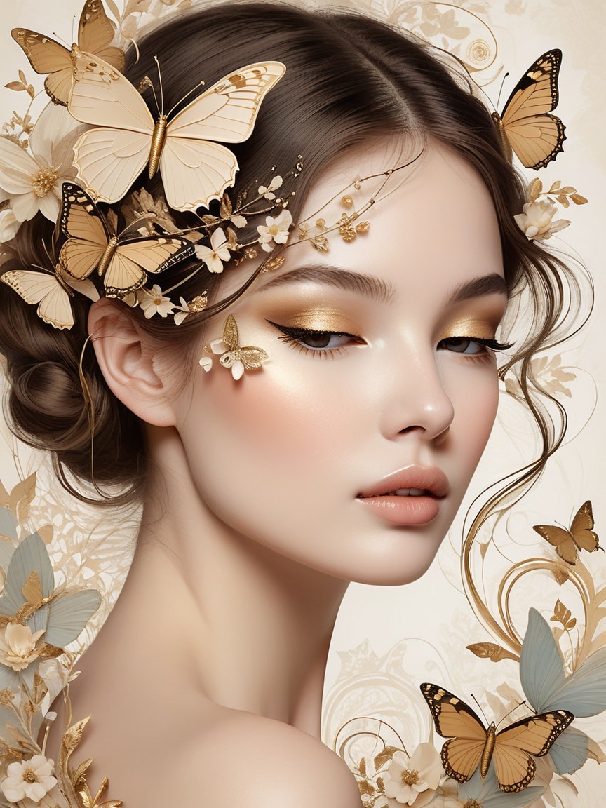 Portrait of a Young Woman with Butterflies and Flowers
