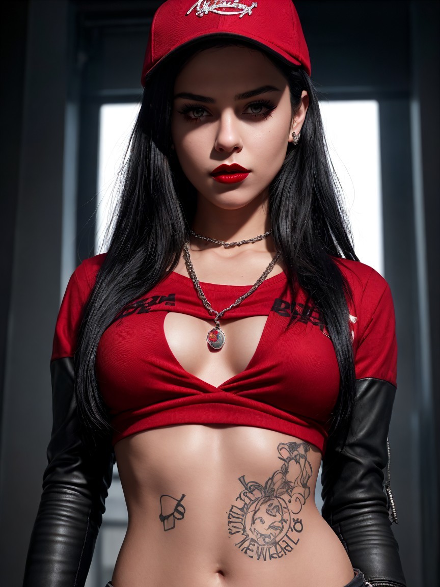 Model in Red Cropped Top with Edgy Leather Sleeves