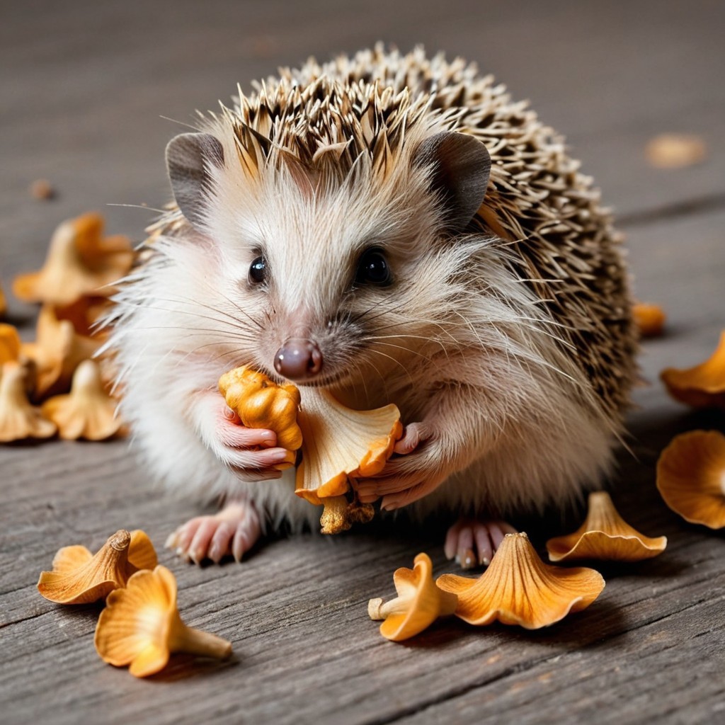 Hedgehog Holding Mushroom on Wooden Surface with Chanterelles