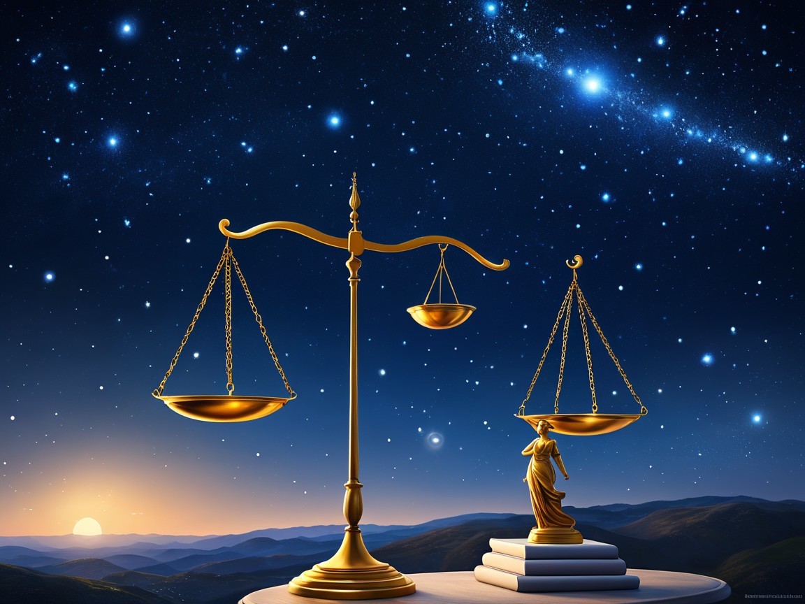 Golden Scales of Justice Against Starry Night Sky