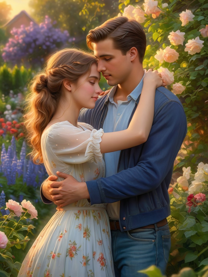 Couple Embracing in a Blooming Garden Setting