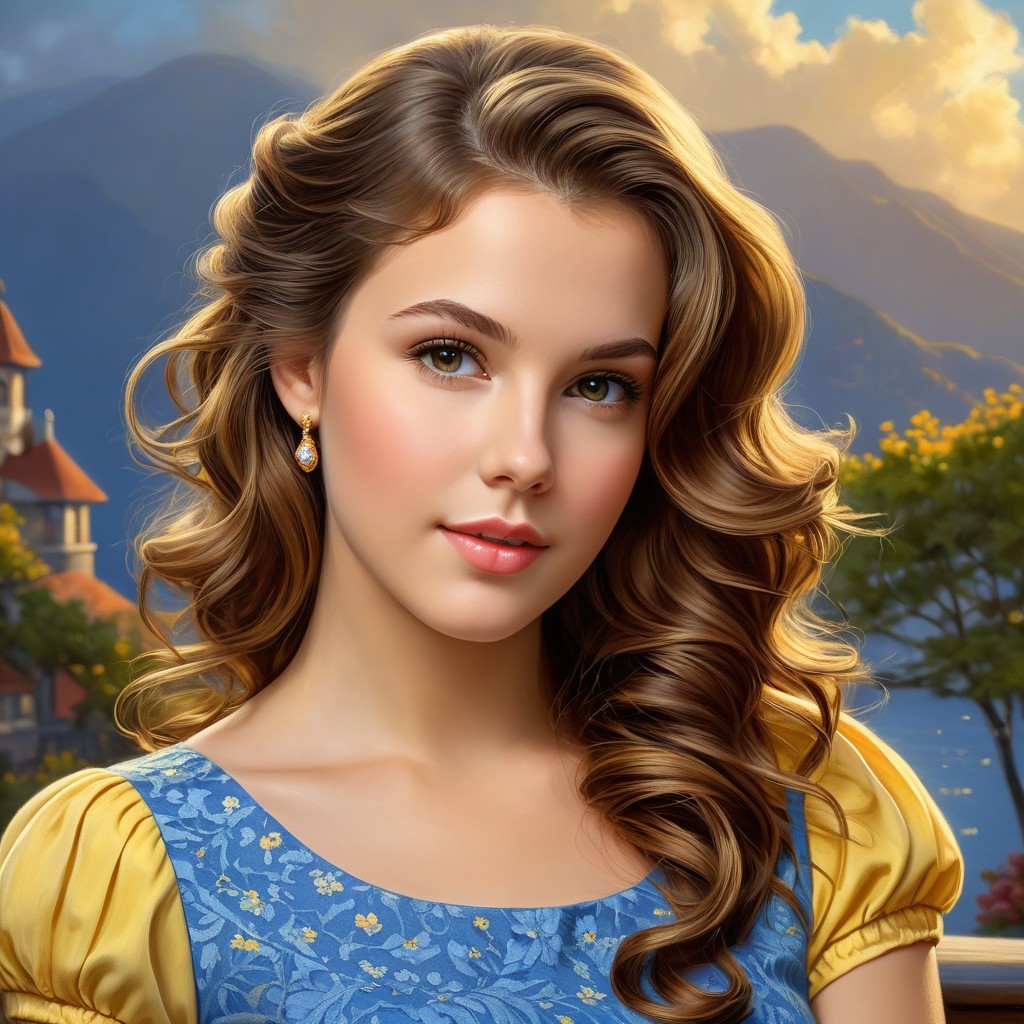 Young Woman in Elegant Dress Amid Scenic Landscape