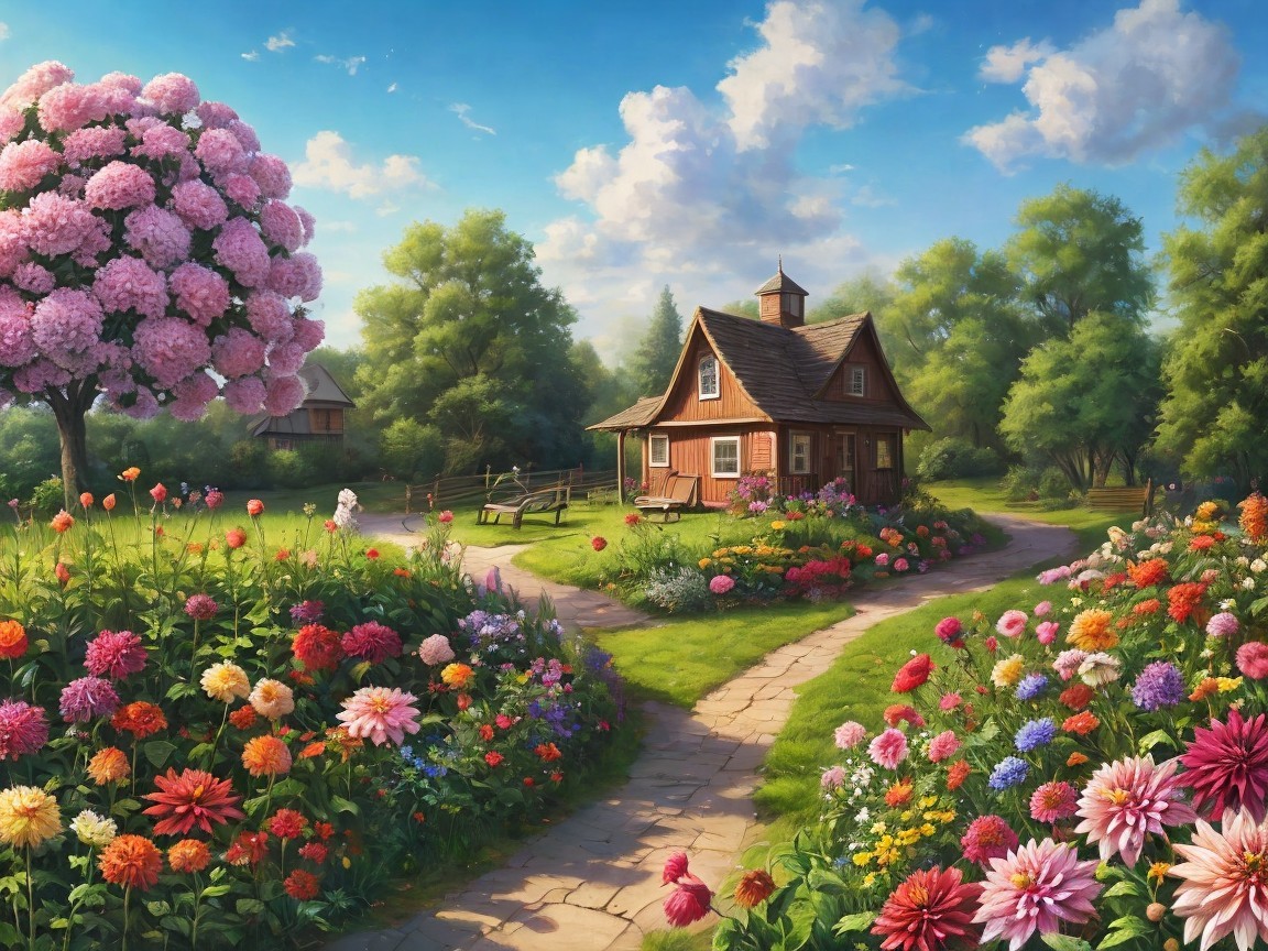 Charming Wooden House Surrounded by Vibrant Gardens