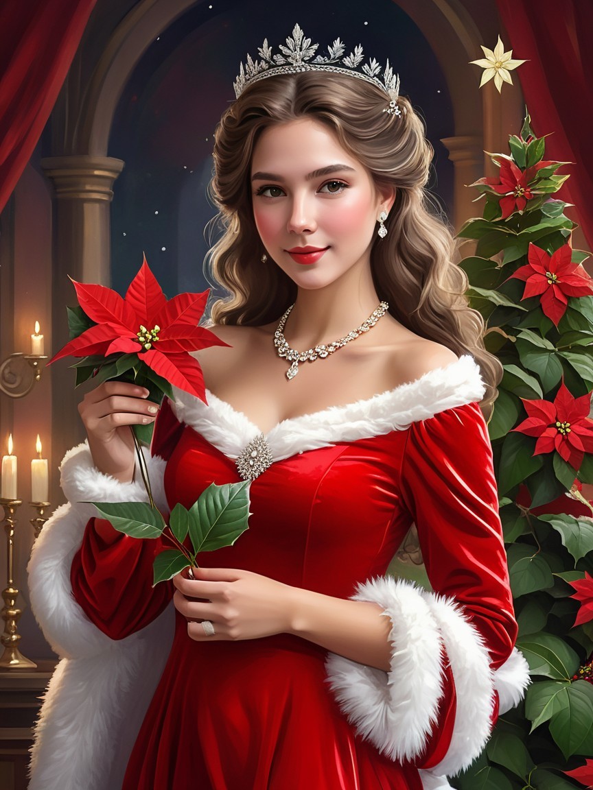 Elegant Figure in Red Gown with Holiday Decor