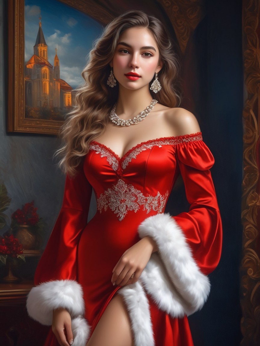 Elegant woman in red satin dress with intricate details