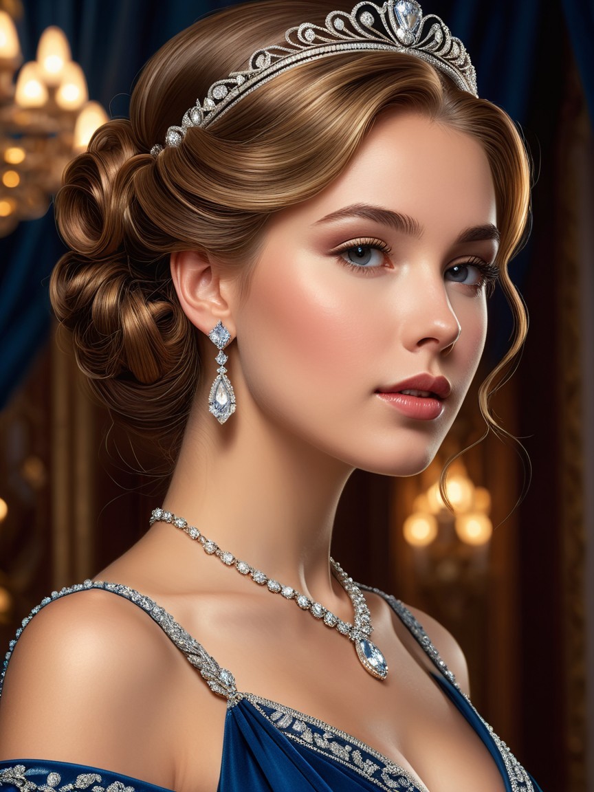 Elegant Young Woman in Royal Blue Gown and Jewelry