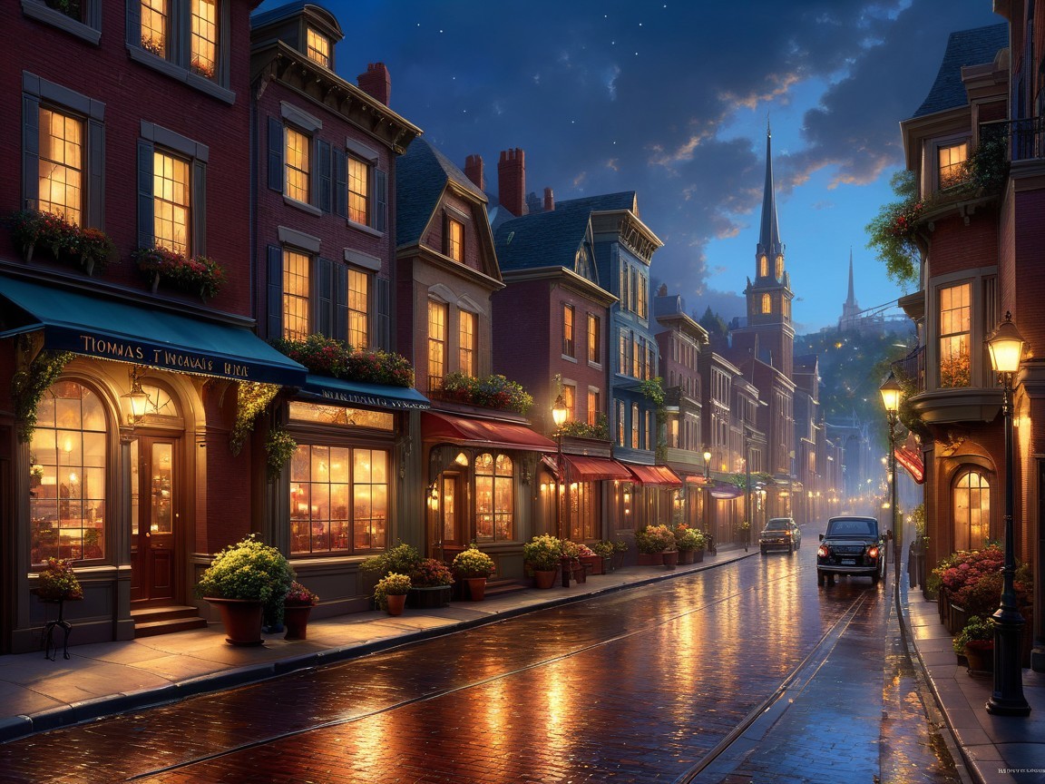 Charming Cobblestone Street at Twilight with Warm Lights