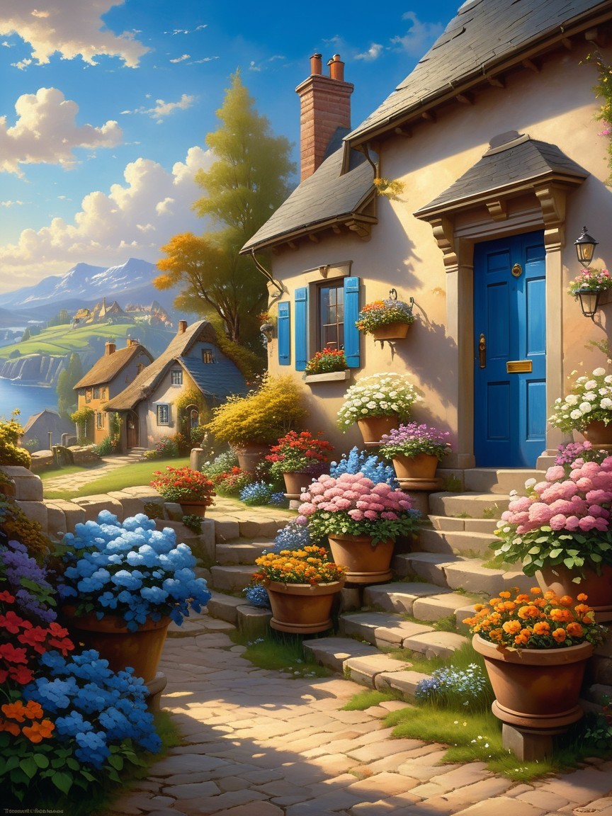 Charming Cottage with Blue Door and Colorful Blooms