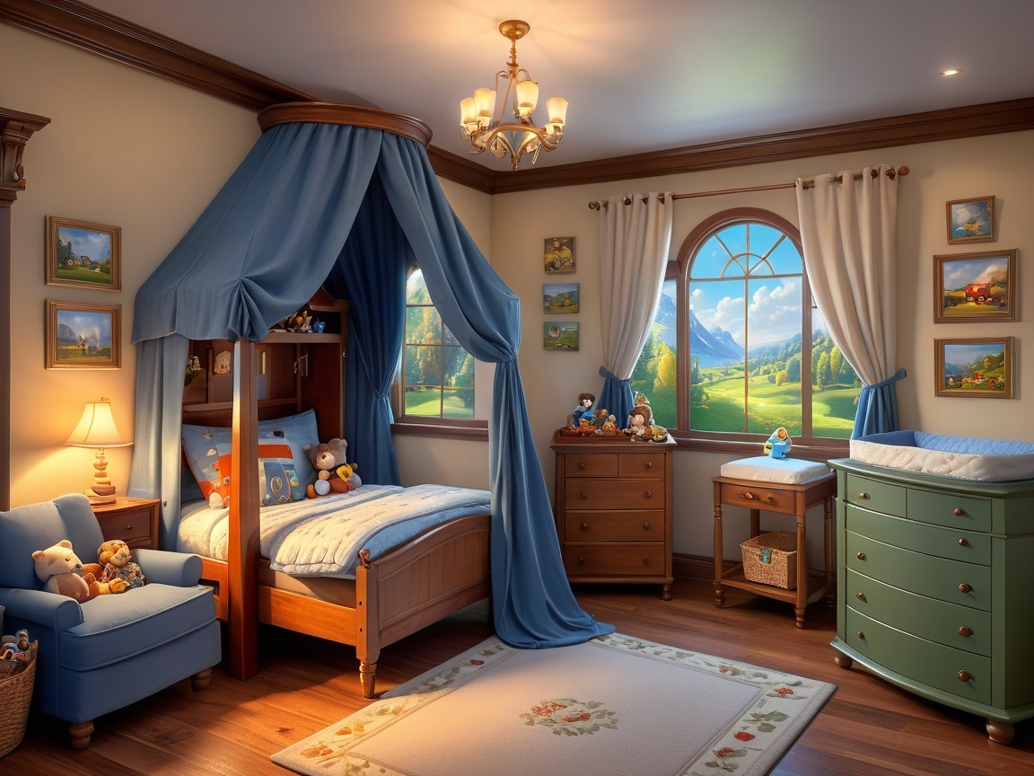 Cozy Children's Bedroom with Loft Bed and Scenic View