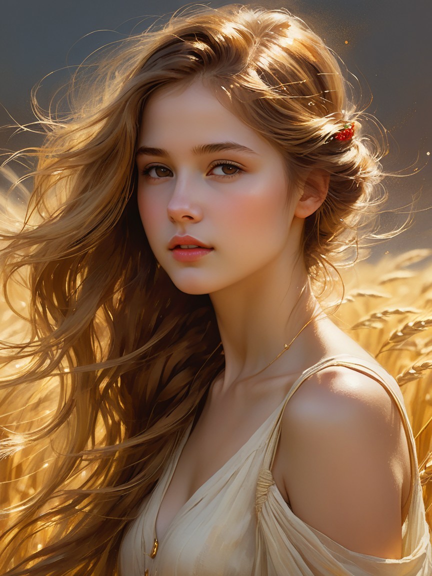 Young woman in golden wheat fields with sunlight glow