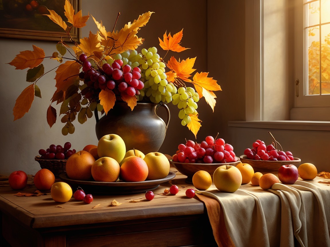 Still-life of Fruits with Autumn Leaves and Natural Light
