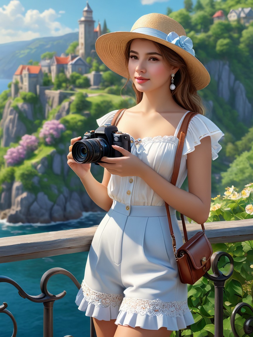 Young woman on balcony with camera and scenic view