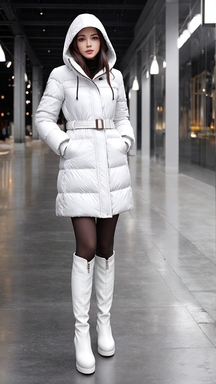 Stylish Woman in Chic White Puffer Coat and Boots
