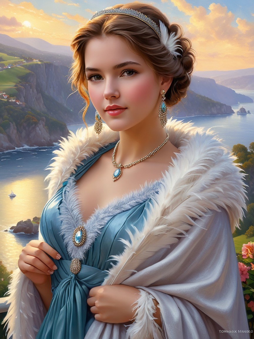 Elegant Woman in Blue Gown Against Coastal Landscape