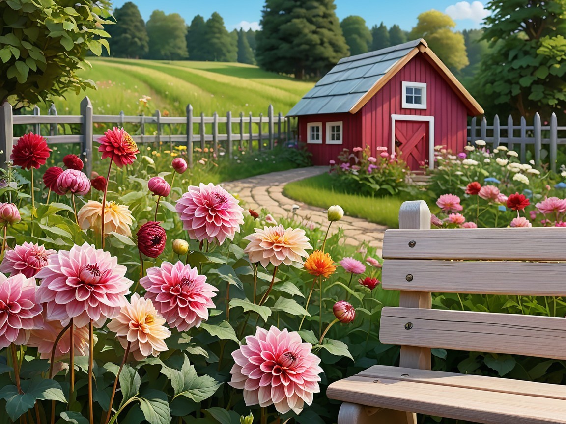 Quaint Red Barn Surrounded by Vibrant Fields and Dahlias