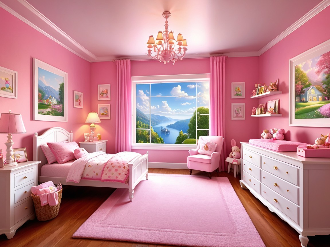 Whimsical Pink Bedroom with Lake View and Decor