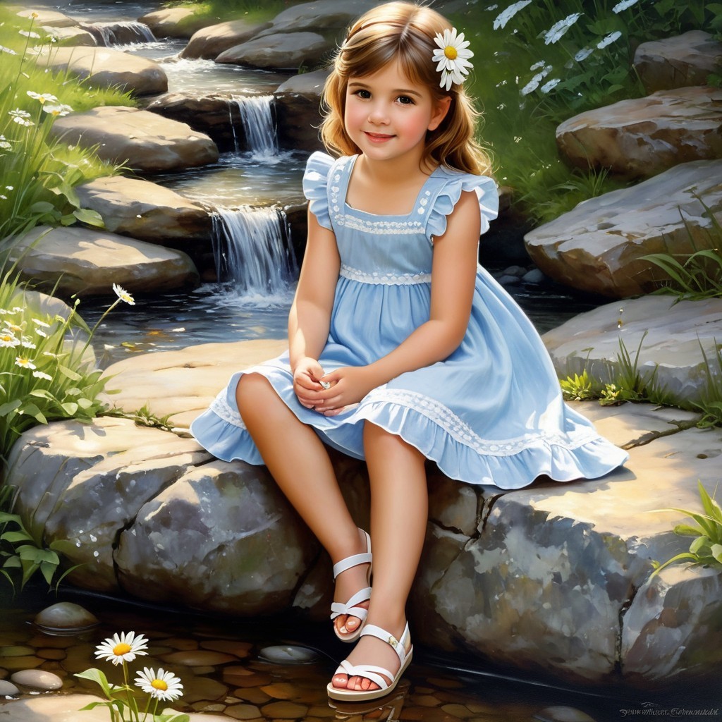 Young girl in blue dress by a serene stream