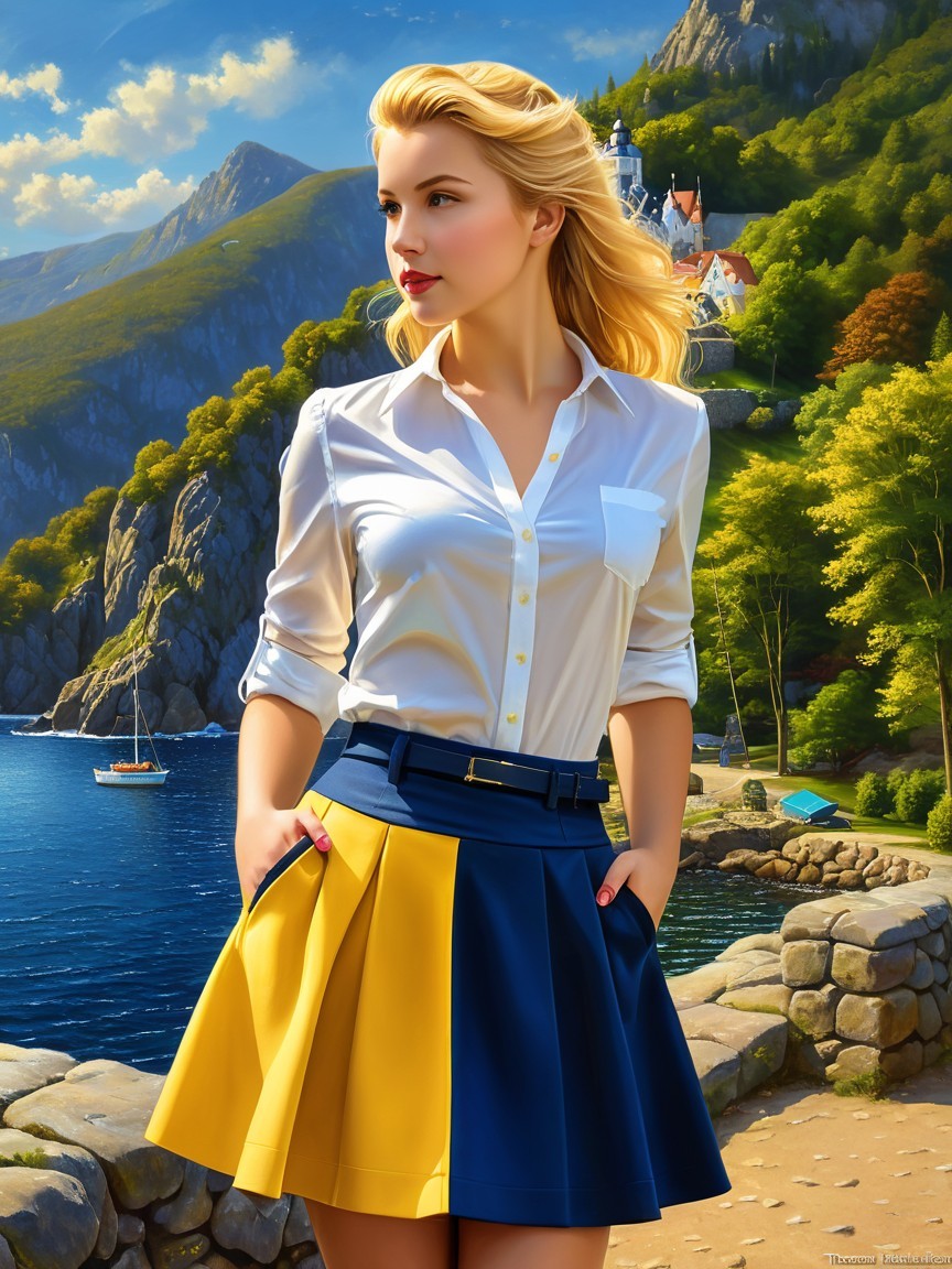 Young Woman by Serene Lakeside with Castle View
