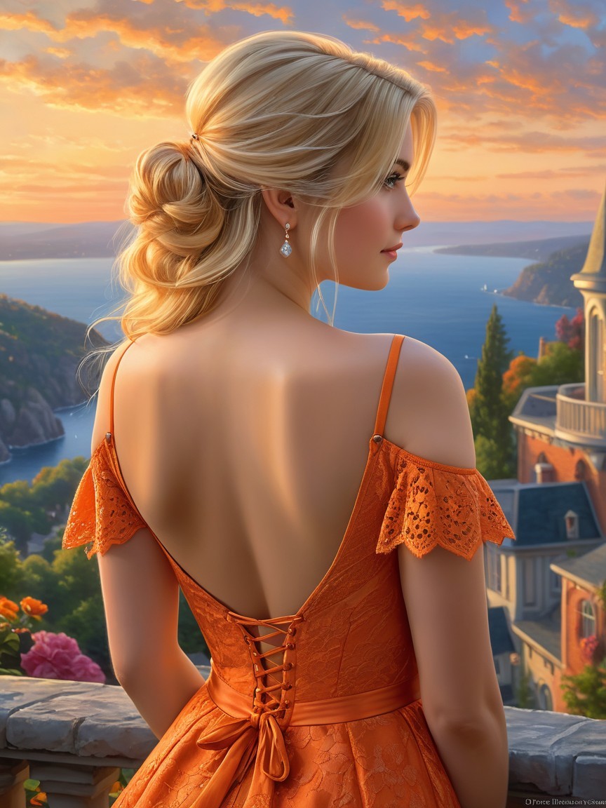 Woman in Orange Lace Dress at Sunset Overlook