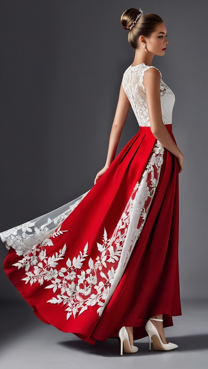 Elegant gown with lace bodice and floral skirt details