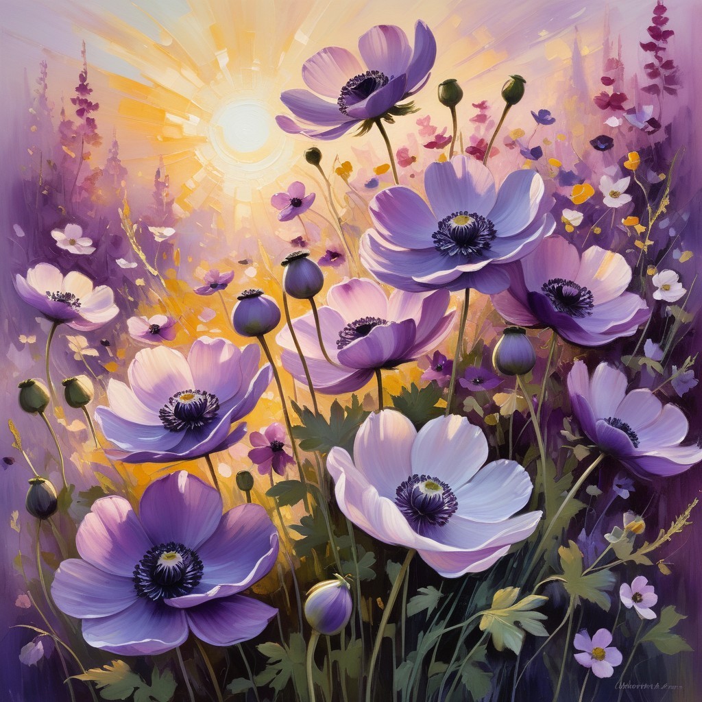 Purple Anemones Blooming in a Sunlit Meadow