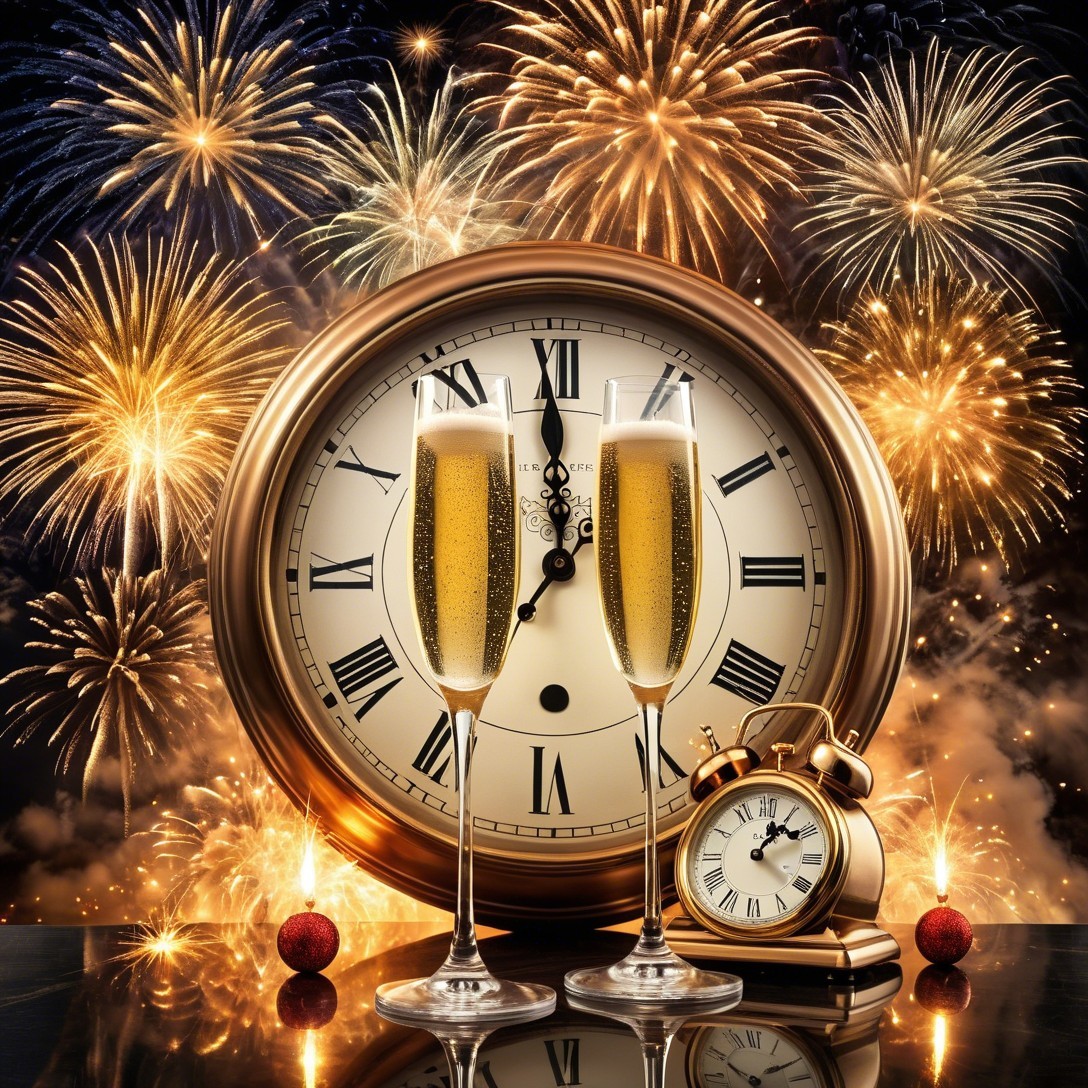 Champagne Flutes and Clocks with Fireworks Background