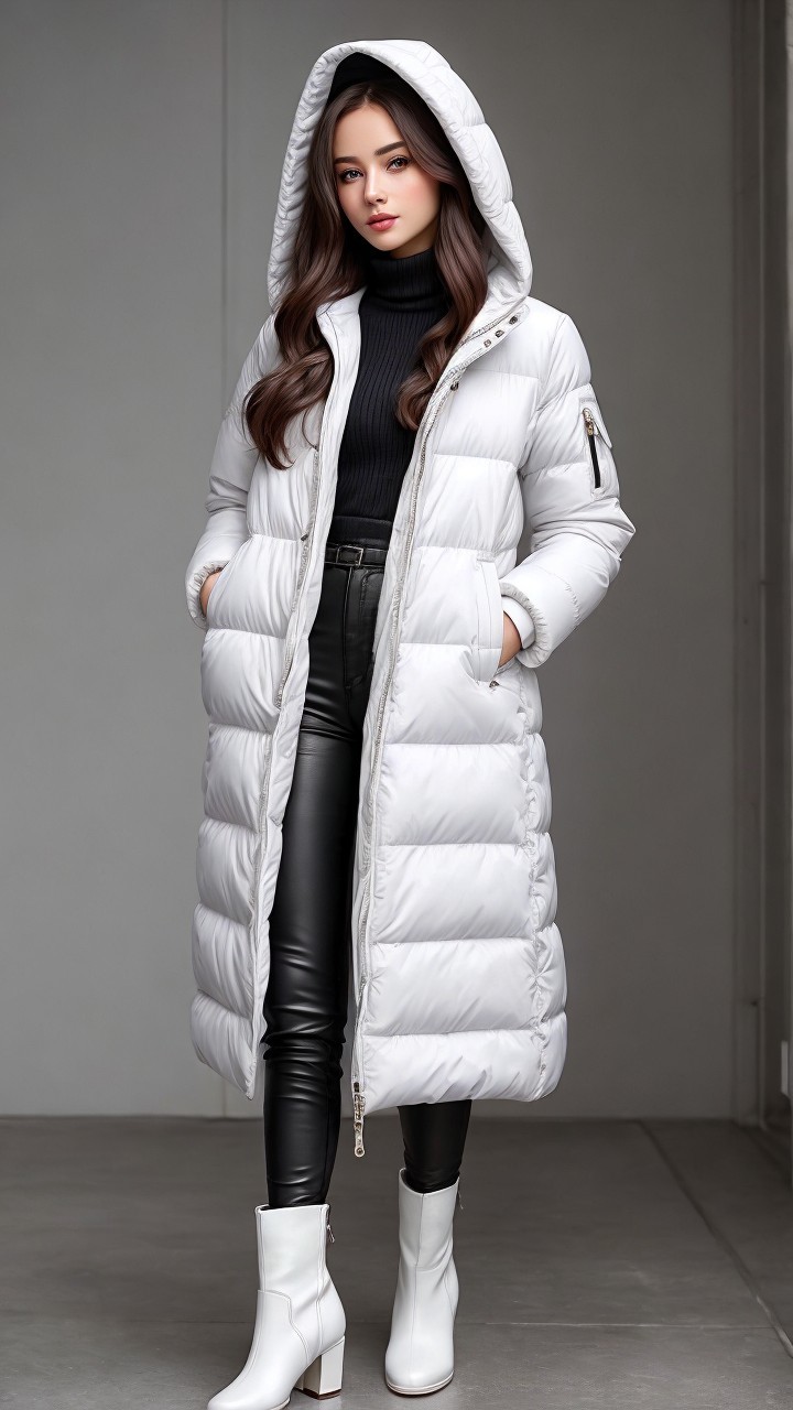 Young woman in stylish white puffer coat and black outfit